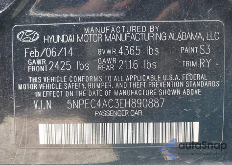 2014 Hyundai Sonata Se z USA, uszkodzony, nr VIN 5NPEC4AC3EH890887